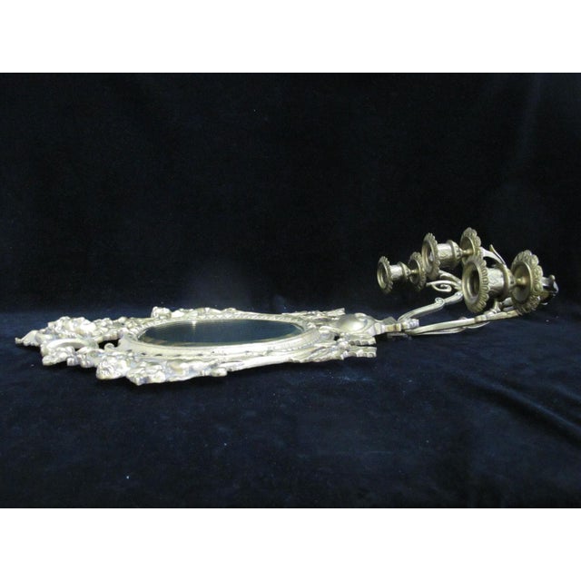 19th Century Antique 19thc Ornate Baroque Brass Cherub Goddess Wall Mirror 3 Arm Candelabra For Sale - Image 5 of 12