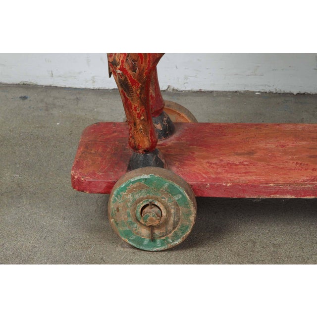Pair of Monumental Indian Polychrome Carved Wood Horses on Wheels, 19th C. For Sale - Image 17 of 17