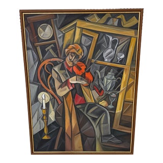 Large Vintage Cubist Expressionist Oil Painting Signed For Sale