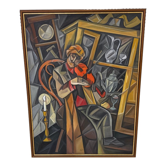 Large Vintage Cubist Expressionist Oil Painting Signed For Sale