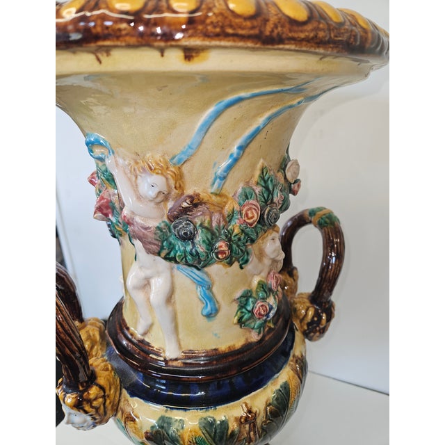 Ceramic Monumental Size English Majolica Classical Handled Urn Attributed to Minton For Sale - Image 7 of 8