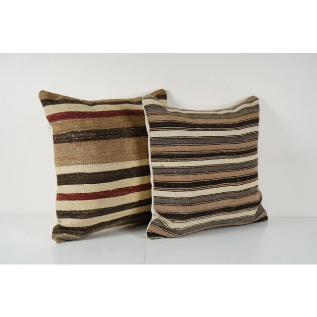 Mid-Century Modern Vintage Turkish Hemp Kilim Pillow Cover, Set of Two White Striped Anatolian Cushion Cover, Pair Organic Tribal Pillowcase 24''x 2 4'' For Sale - Image 3 of 6