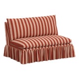 Spritely Home Capra Ruffle Settee in Canopy Stripe Tonal Blush For Sale