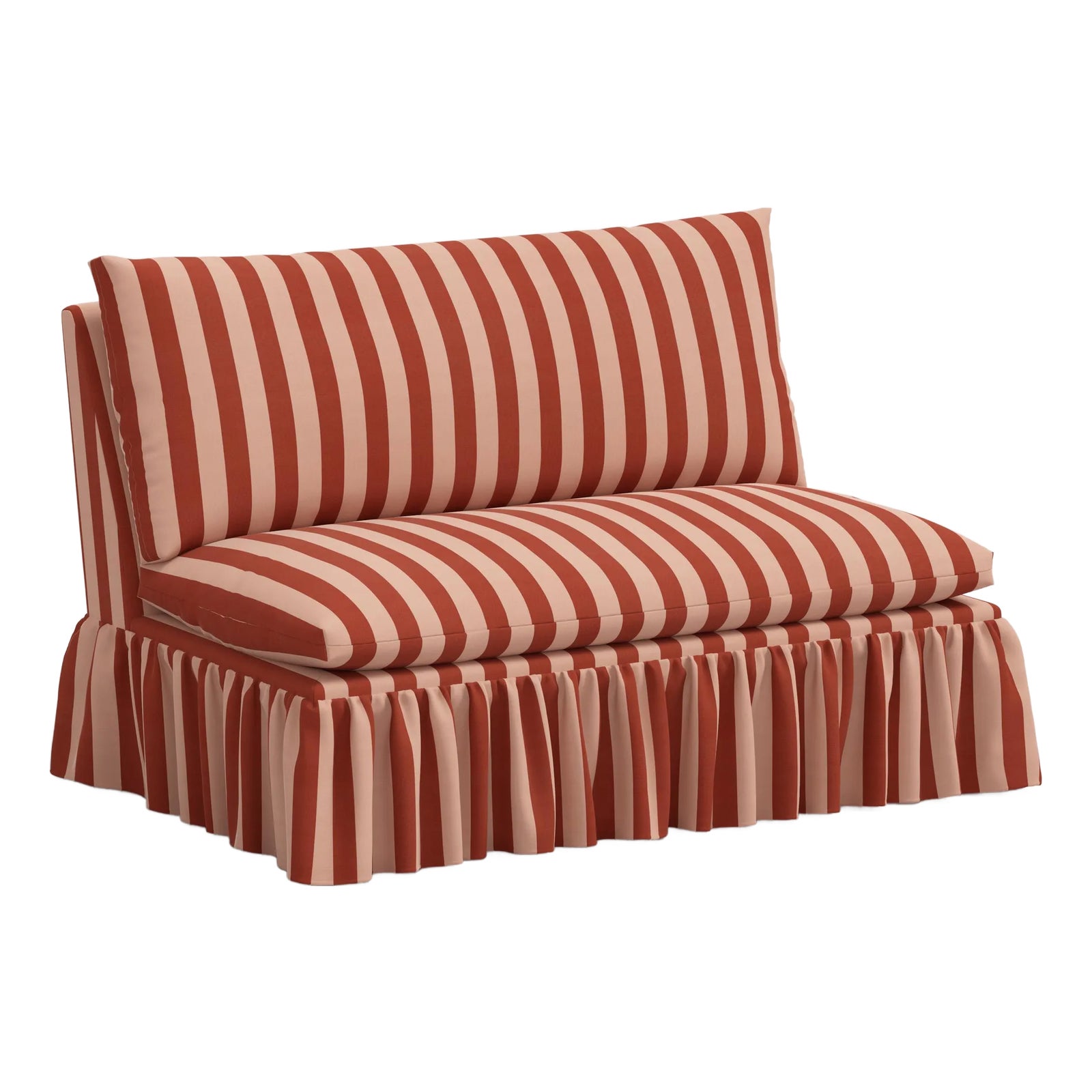 Spritely Home Capra Ruffle Settee in Canopy Stripe Tonal Blush | Chairish