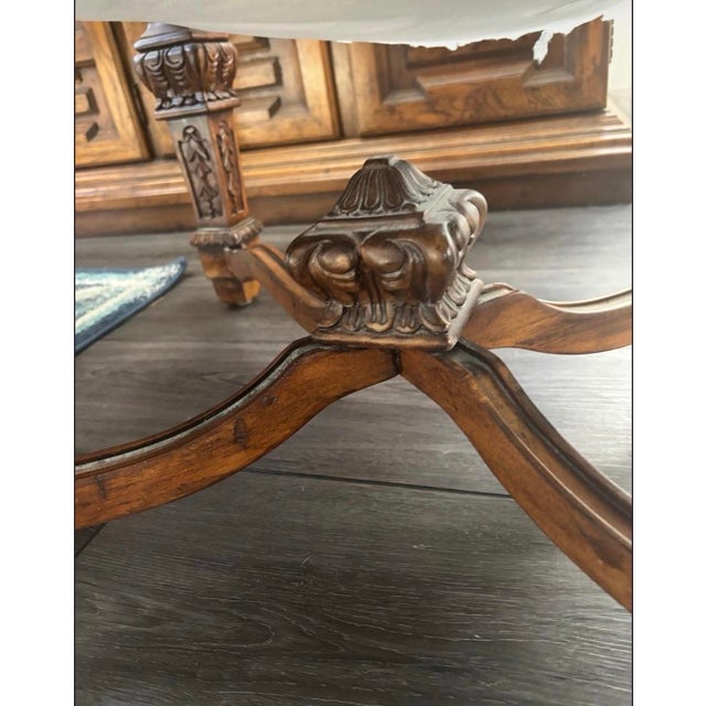 Pair of Vintage Baroque Style Carved Wood Armchairs With Floral Upholstery & Rust Seats For Sale - Image 4 of 12
