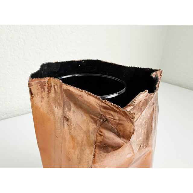 Postmodern Copper Metal Paper Bag Vase For Sale In Sacramento - Image 6 of 11