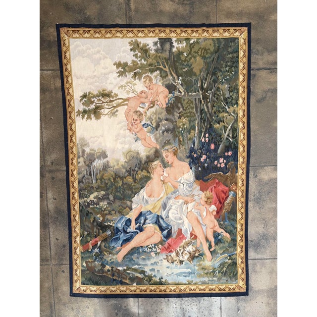 This beautiful vintage pictorial tapestry, dating to circa 2000, features an elaborate romantic woodland scene inspired by...