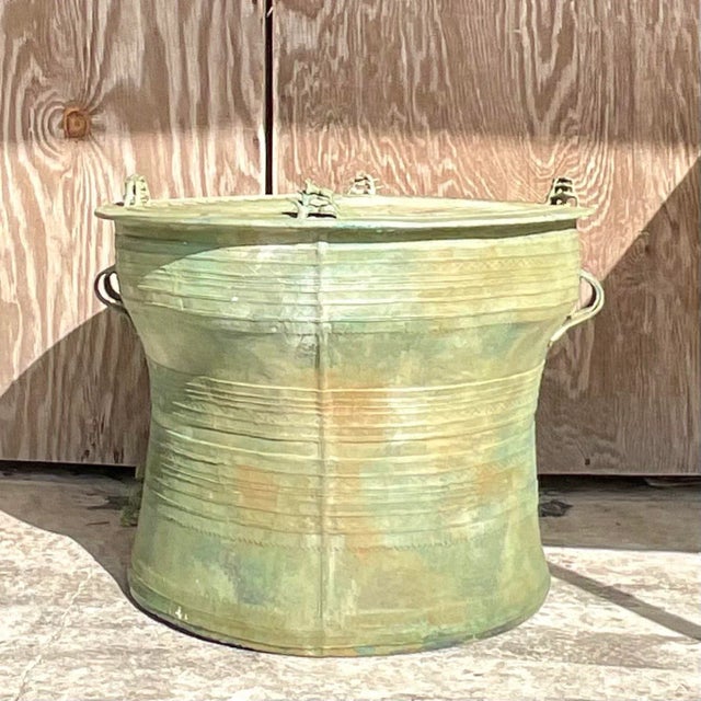 Late 20th Century Vintage Boho Southeast Asian Bronze Rain Drum Table For Sale - Image 4 of 5