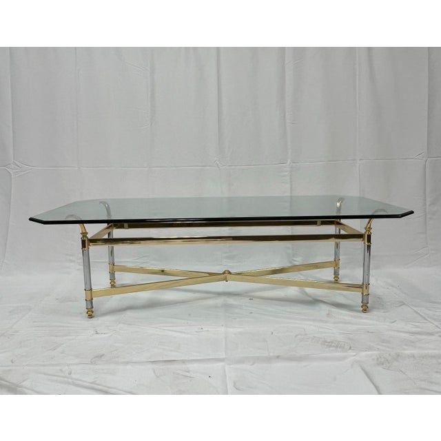 Mid-Century Modern Brass Chrome and Glass French Coffee Table For Sale - Image 3 of 6