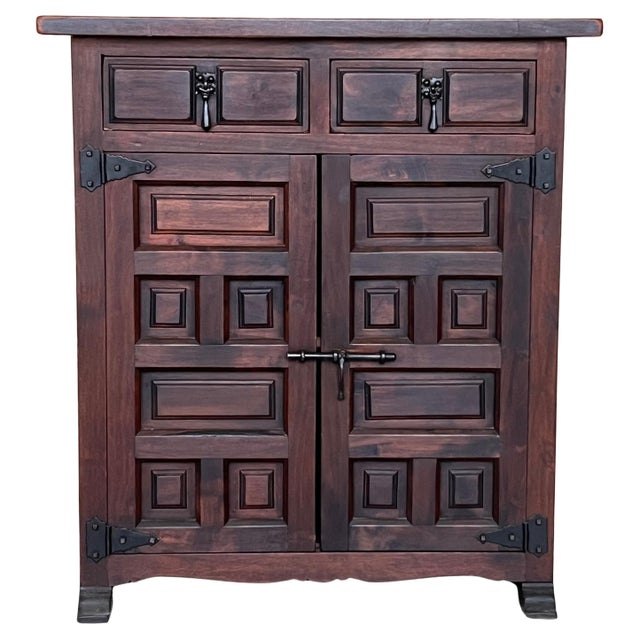 19th Spanish Baroque Carved Walnut Narrow Two Drawer Credenza or Buffet For Sale - Image 9 of 18