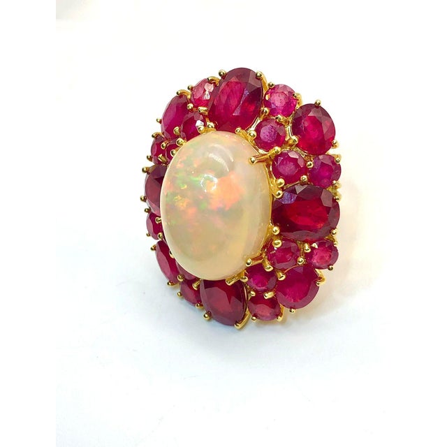 Bochic “Capri” Vintage Fire Opal & Ruby Cluster Ring Set In 18K Gold & Silver Rose Cut Natural Red Rubies - 9 Carats...