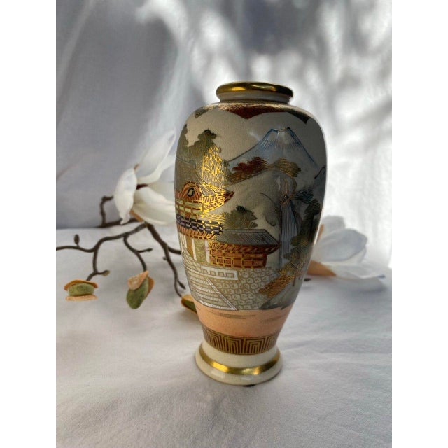 Japanese Japanese Satsuma Landscape Vase With Gilt Temple Scene, Late Meiji–Taishō Period For Sale - Image 3 of 9
