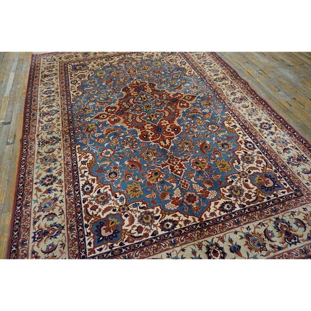 Mid-Century Modern 1940s Classic Blue Ground Medallion Vintage Isfahan Silk Foundation Carpet Rug For Sale - Image 3 of 9