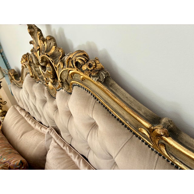 Wood Vintage Italian Carved Painted Bed Frame Tufted Headboard Footboard Rails For Sale - Image 7 of 17