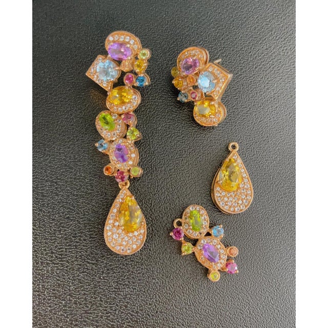 Bochic Vintage Cascading "Capri" Multi Natural Gem Earrings 18K Gold & Silver For Sale - Image 4 of 18