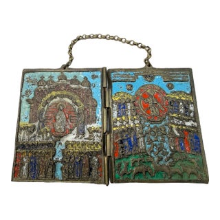 Antique 19th C. Russian Orthodox Enameled Bronze Folding Travel Icon (Skladen) For Sale