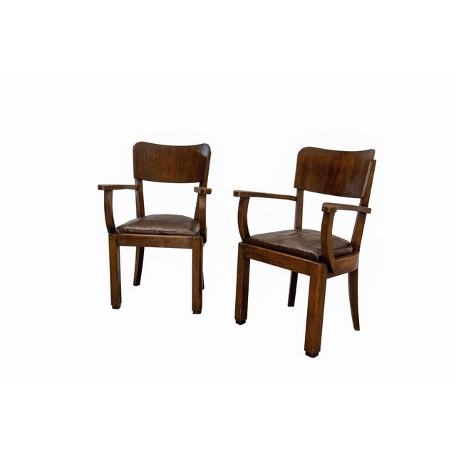 Antique French Beech Armchair in Leather and Wood, 1940, Set of 2 For Sale - Image 3 of 14