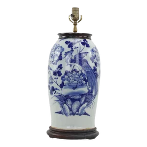 Early 20th Century Chinese Celadon Blue and White Peony Phoenix Vase Table Lamp