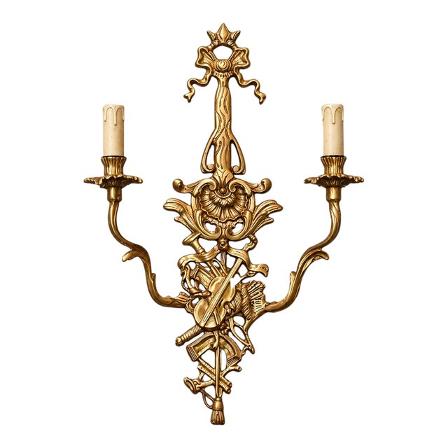 Ornate French-Style Two-Light Wall Sconce – Fully Gilded Gold Leaf With Musical Motif For Sale