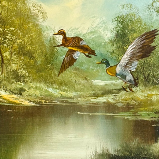 American Vintage "Refuge" Original Oil Painting by A. McLaughlin, Mallards in Flight For Sale - Image 3 of 11