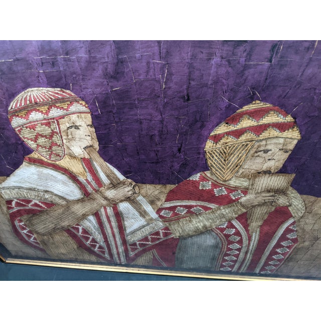 Oversized Vintage Andean Musicians Banana Leaf Mosaic Folk Art – Purple, Red & Cream For Sale - Image 11 of 17