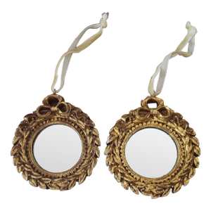 Gold Mirror Christmas Ornament Laurel Bow Wreath Pair