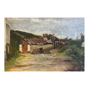 Antique 19th Century French Impressionist Farm Country Landscape Oil Painting on Board