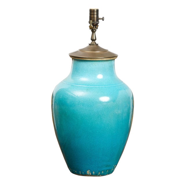 Midcentury Turquoise Table Lamp Mounted on Lucite Base, US Wired For Sale
