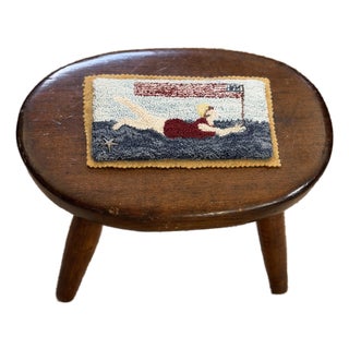 Antique Footstool With Hand Hooked Detailed Top For Sale