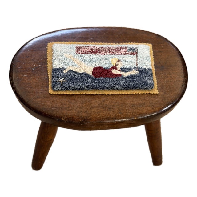 Antique Footstool With Hand Hooked Detailed Top For Sale
