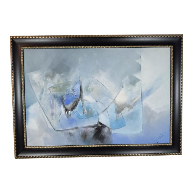 Late 20th Century Postmodern Abstract Expressionist Blue & Slate Painting – Companion Piece Signed For Sale