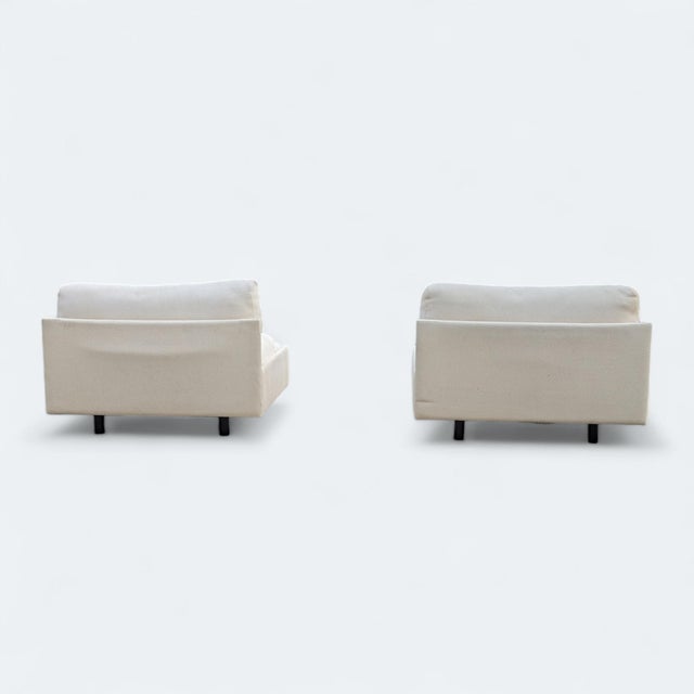 Late 20th Century Postmodern Italian Lounge Chairs in Textured Cream Fabric, Pair, Leather For Sale - Image 16 of 18