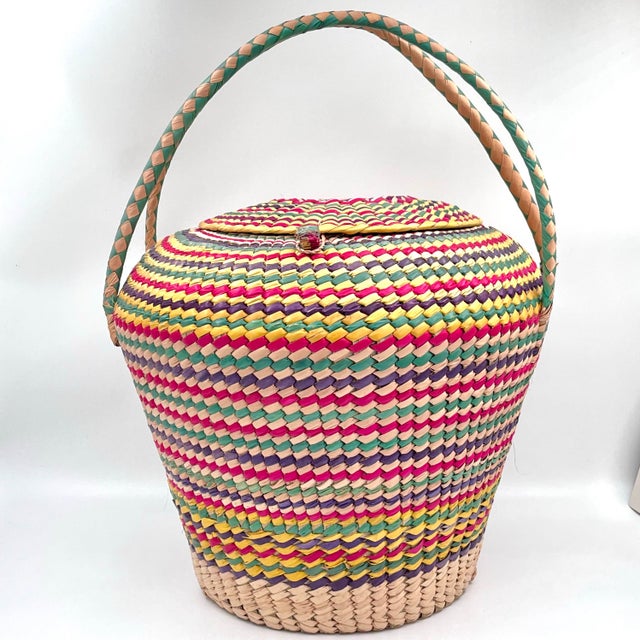 Vintage Rainbow Seagrass Woven Basket: Extra Large Storage, Snake Charmer Basket For Sale - Image 12 of 12