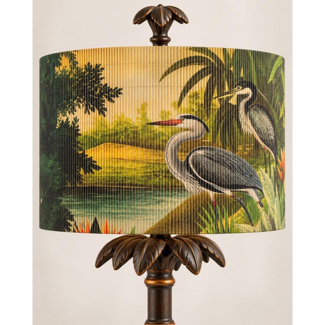 Neoclassical Tropical Heron Bamboo-Style Shade on Neoclassical Palm-Frond Table Lamp For Sale - Image 3 of 5