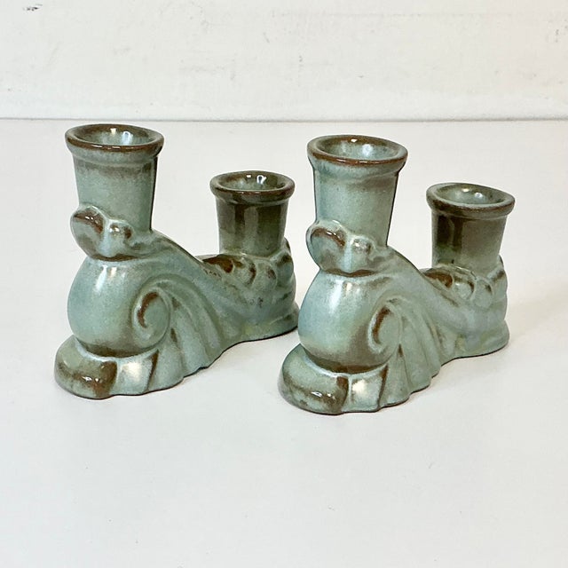 1950s Vintage Boho Chic Americana Arts & Crafts Frankoma Pottery Double Arm Candlestick Holders - A Pair For Sale - Image 11 of 18