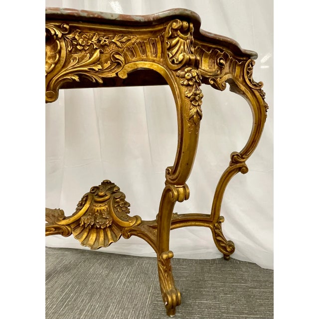 Wood Marble-Top Louis XV Style Console Table by Jansen Carved Details 1920s For Sale - Image 7 of 13
