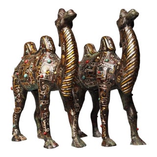 Pair of Antique Bronze Camels With Gold and Silver Inlay, 3600g Total For Sale