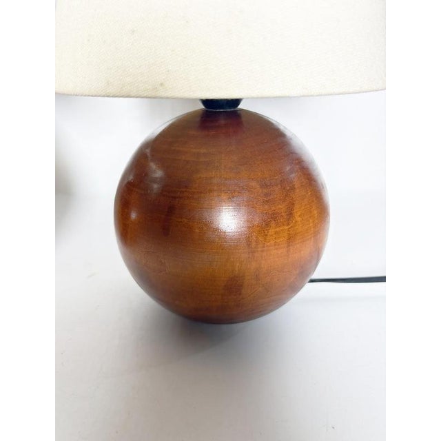Wood Round Wooden Table Lamps with Lampshades, France, 1970s, Set of 2 For Sale - Image 7 of 18