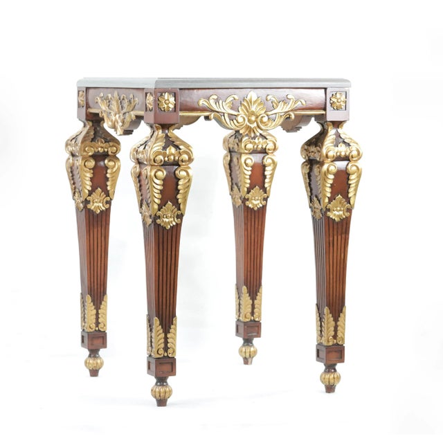 1990s Pair of Vintage French Baroque Gold Sofa Side Tables. With Colored Marble Top - For Sale - Image 5 of 12