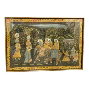 Mid 20th Century Wall Art Vishnu Style Indian Painting on Silk Original Art Large Painted Textile Depicting an Elephant Procession