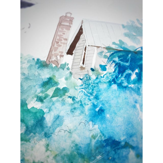 Sky Blue Large Jerry Baum Signed Watercolor “The Seaside” Coastal Southern Home, 1991 - Framed For Sale - Image 8 of 11