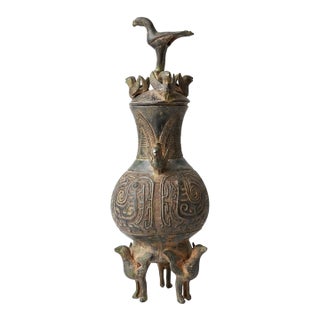 Antique Qing Dynasty Era Chinese Bronze Vessel W/ 3d-Birds, 18" T. X 6" W. For Sale