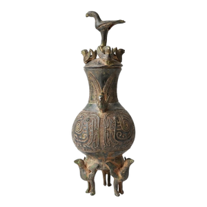 Antique Qing Dynasty Era Chinese Bronze Vessel W/ 3d-Birds, 18" T. X 6" W.