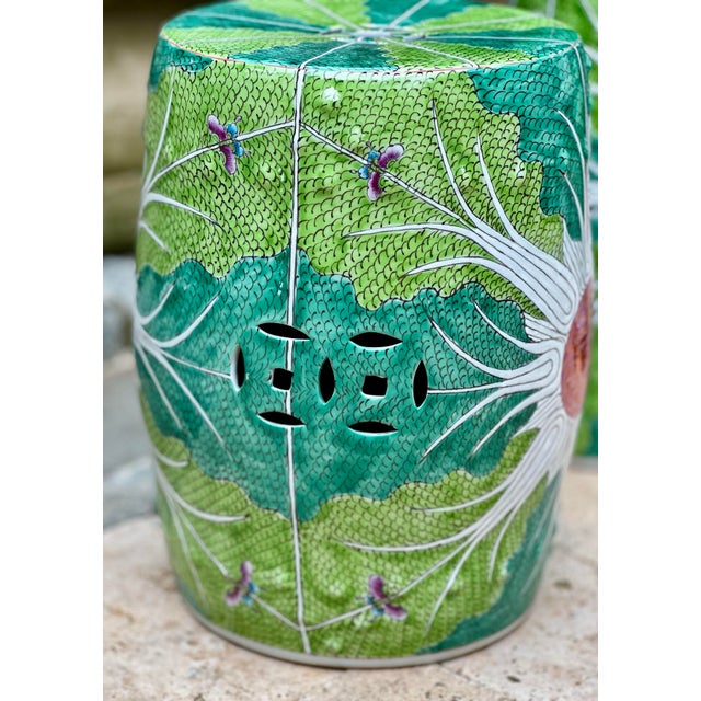 This hand-painted Bok Choy porcelain garden stool from Jingdezhen, China showcases the intricate “Shou” Longevity...