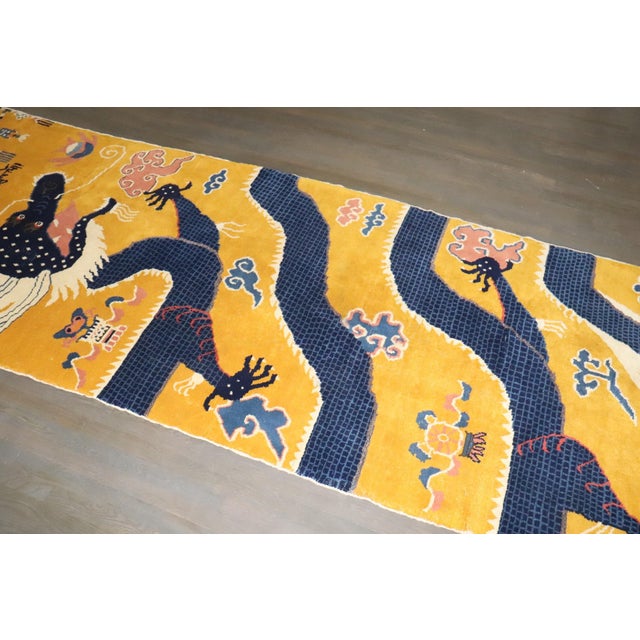Yellow Tibetan Vintage Dragon Pillar Runner - 4'5" x 17' For Sale - Image 13 of 14