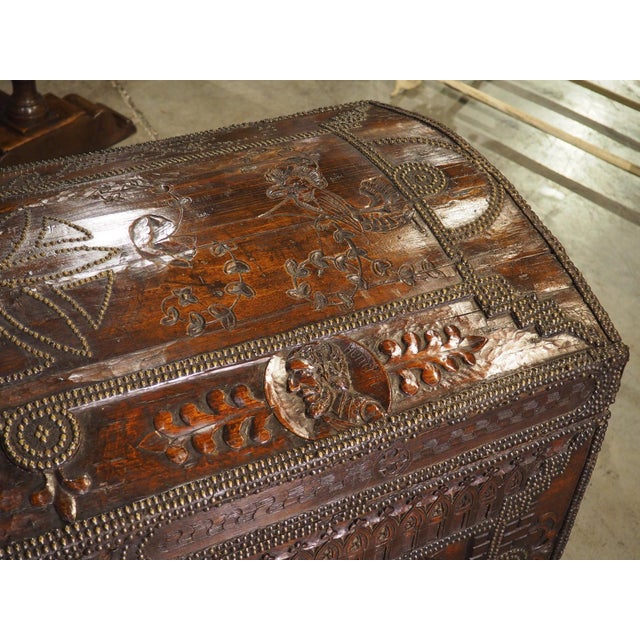 Wood A Fascinating 17th Century Carved and Iron Studded French Trunk, Dated 1632 For Sale - Image 7 of 18