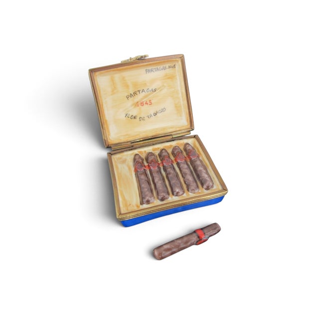 French Limoges France Rochard Porcelain Cigar Tobacco Trinket Box With Removable Cigar For Sale - Image 3 of 8