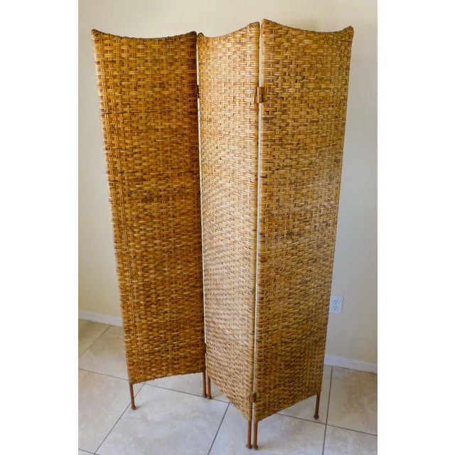 Vintage Wicker & Metal Folding Screen Room Divider For Sale - Image 4 of 8