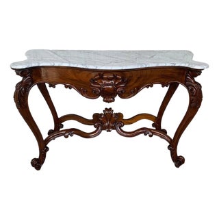 Early 20th Century Large French Regency Carved Walnut Console Table with White Marble Top '2 Avai' For Sale