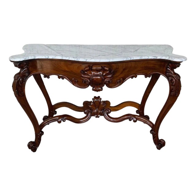 Early 20th Century Large French Regency Carved Walnut Console Table with White Marble Top '2 Avai' For Sale